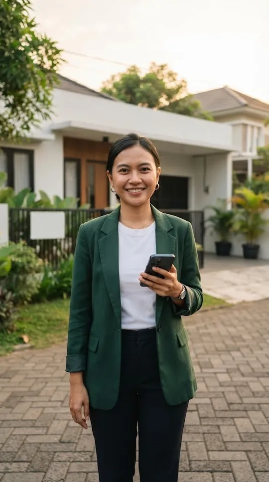 Agen properti memegang HP di depan rumah yang dipasarkan